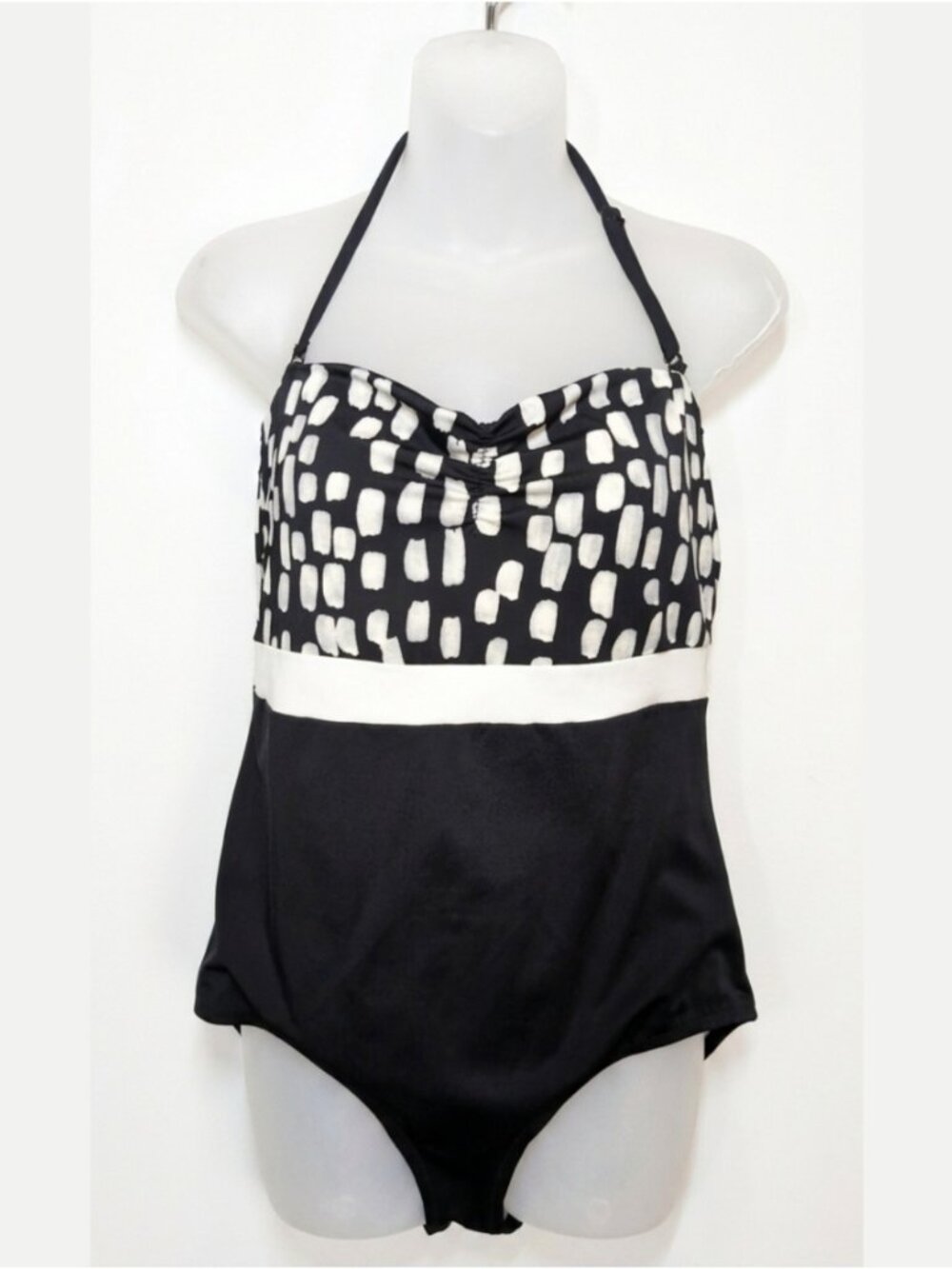 Joe Fresh Abstract Print Halter OnePiece Swimsuit Womens Size Large Black Cream